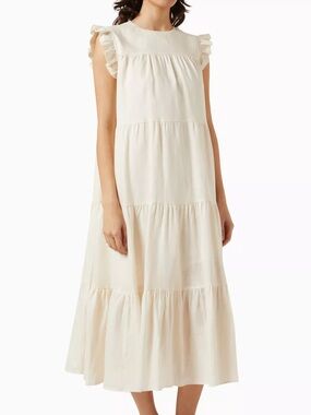 $395 Greek Archaic Kori Tiered Linen Midi Dress Made in Greece